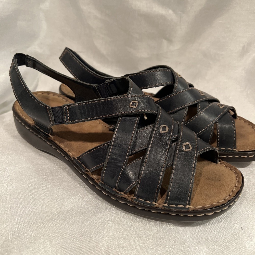 Naturalizer‎ Sandals Women 9.5 W. Black Craft Criss-Cross Ankle Strap Slip On...